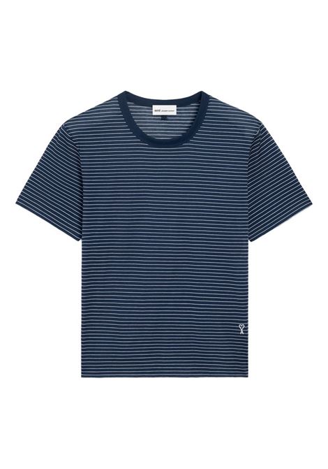 t-shirt striped mercerized uomo inchiostro e bianca AMI PARIS | HTS367.JE0212A044